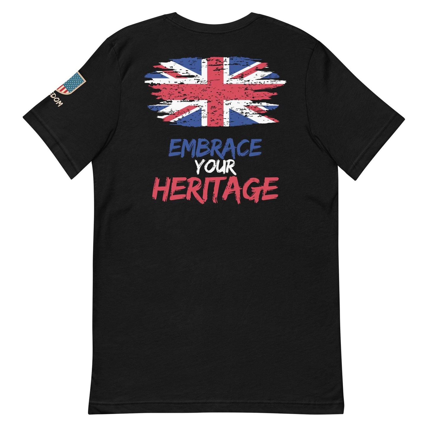 UK-inspired "Embrace Your Heritage" black t-shirt featuring a Union Jack design.